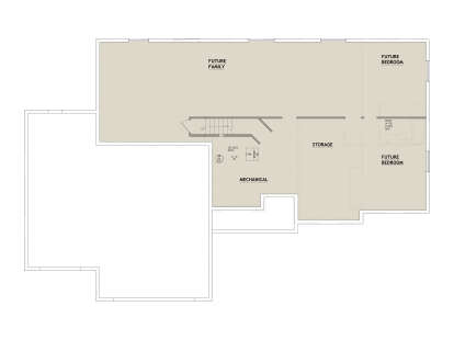 Basement floor plan drawing with future family room, 2 future BR, future BA rough-in, storage, mechanical, and stairs. House Plan # 8768-00246