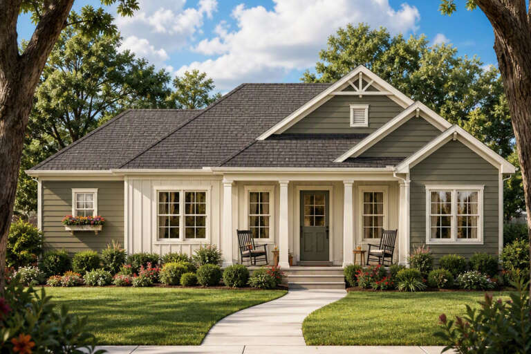 Front view of an olive green house in Cottage style, board-and-batten accents, covered porch, and lush landscaping. House Plan # 8292-00058