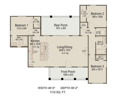 Main floor plan drawing with 3BR, 2BA, kitchen, living/dining, Ldry, closets, front/rear porches, and optional fireplace. House Plan # 8292-00058