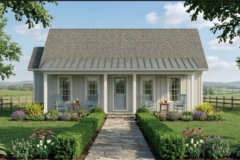Front view of a gray Cottage house, board-and-batten siding, metal-roofed porch, stone walkway, and lush landscaping. House Plan # 8292-00059