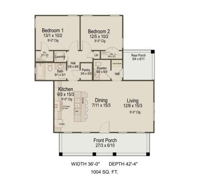 Main floor plan drawing with 2BR, 1.5BA, open kitchen/dining/living, pantry, Ldry, closets, front and rear porches. House Plan # 8292-00059