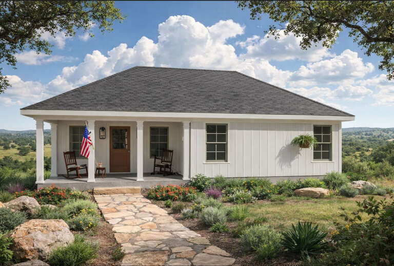 Front view of a white house in Cottage style, board-and-batten siding, covered porch, stone path, and hip roof. House Plan # 8292-00060