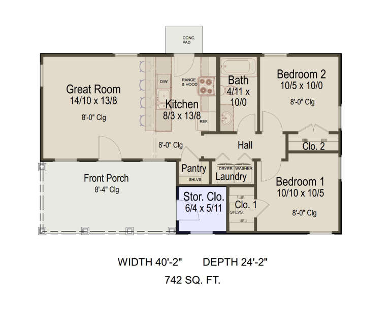 Main floor plan drawing with 2BR, 1BA, great room, kitchen, pantry, Ldry, storage closet, and front porch. House Plan # 8292-00060