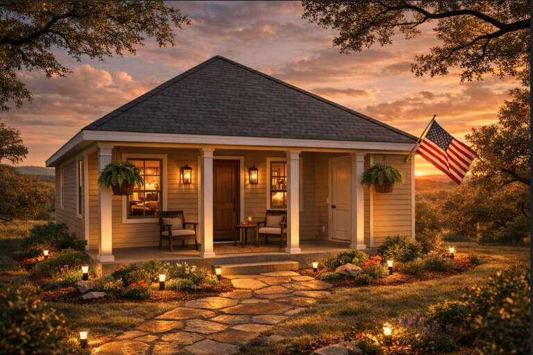 Front view of a tan house in Cottage style, covered porch, stone walkway, American flag, and warm landscape lighting. House Plan # 8292-00061