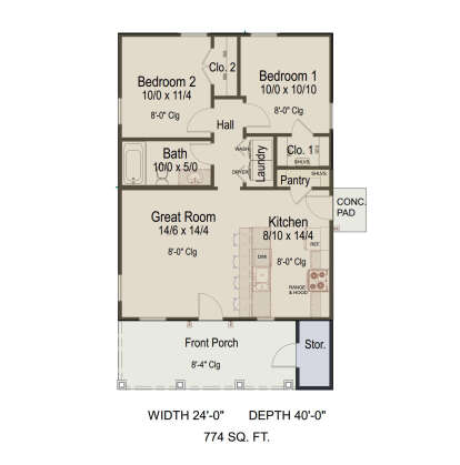 Main floor plan drawing with 2BR, 1BA, great room, kitchen, pantry, Ldry, 2 closets, front porch, and storage. House Plan # 8292-00061