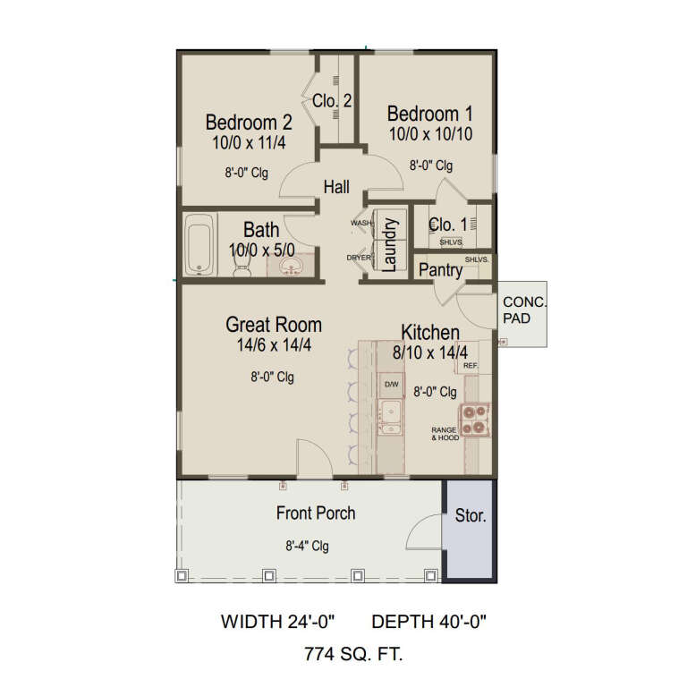 Main floor plan drawing with 2BR, 1BA, great room, kitchen, pantry, Ldry, 2 closets, front porch, and storage. House Plan # 8292-00061