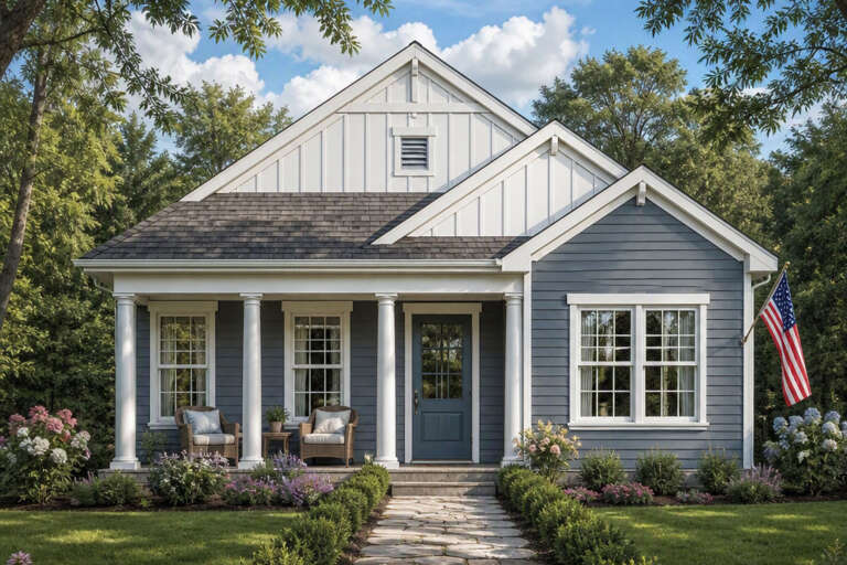 Front view of a blue and white house in Cottage style, board-and-batten siding, columned porch, and stone walkway. House Plan # 8292-00062
