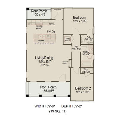 Main floor plan drawing with 2BR, 1BA, open living/dining, kitchen, Ldry, 2 porches, optional FP, 9' ceilings. House Plan # 8292-00062