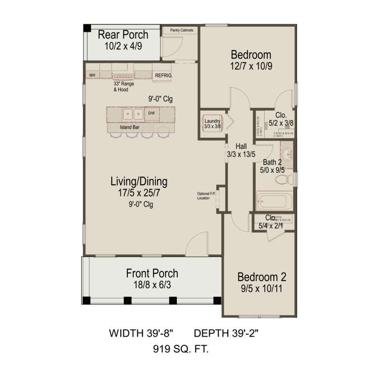 Main floor plan drawing with 2BR, 1BA, open living/dining, kitchen, Ldry, 2 porches, optional FP, 9' ceilings. House Plan # 8292-00062