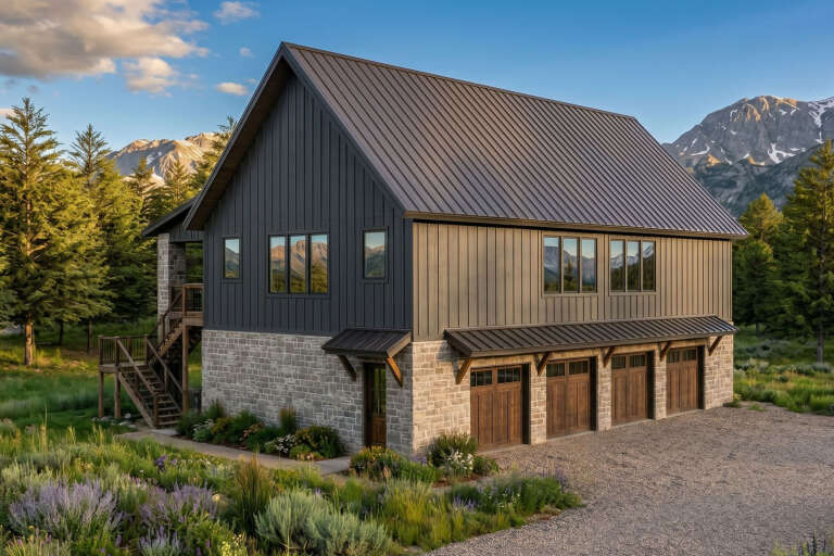 Angled front view of a charcoal Barndominium house, stone base, metal roof, four wood garage doors, and mountain setting. House Plan # 963-01344