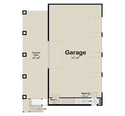 Garage floor plan drawing with large garage, covered patio, mudroom, mechanical room, and stairs. House Plan # 963-01344