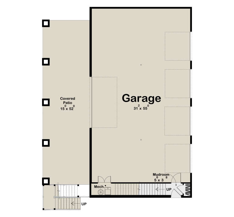 Garage floor plan drawing with large garage, covered patio, mudroom, mechanical room, and stairs. House Plan # 963-01344