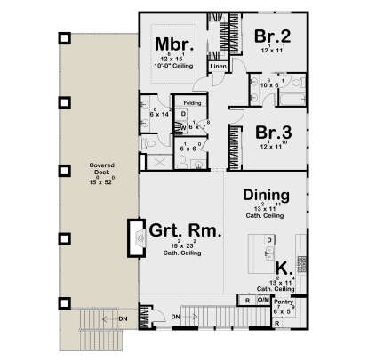 Main floor plan drawing with 3BR, 2BA, Grt. Rm., kitchen, dining, pantry, Ldry, stairs, and large covered deck. House Plan # 963-01344
