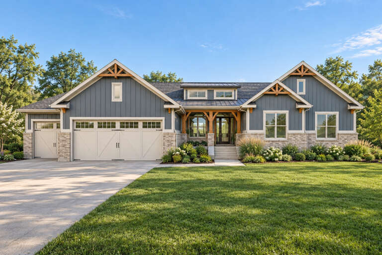 Front view of a blue Modern Farmhouse, board-and-batten siding, stone base, wood accents, and a three-car garage. House Plan # 1070-00380
