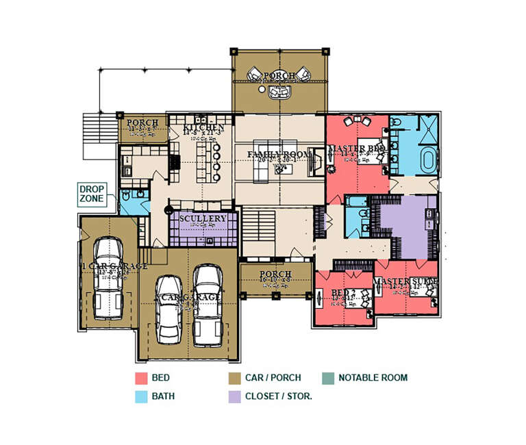 Main floor plan drawing with 3BR, 3BA, kitchen, scullery, family room, 3-car garage, WIC, drop zone, and 3 porches. House Plan # 1070-00380