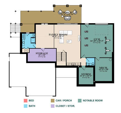 Basement floor plan drawing with family room, gym, 1BA, storage, storm room, mechanical room, stairs, and covered porch. House Plan # 1070-00380