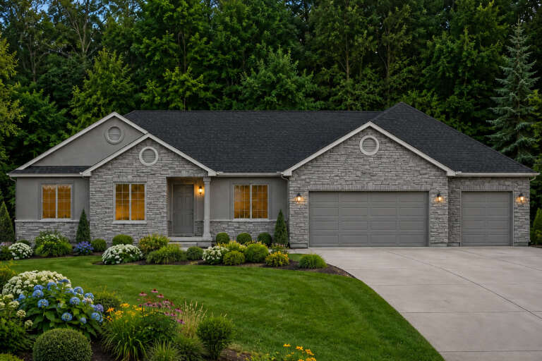 Front view of a gray Traditional house with stone-and-stucco siding, a three-car garage, a gabled roof, and lush landscaping. House Plan # 8768-00247
