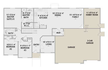 Main floor plan drawing with 3BR, 2BA, kitchen, dining, family, hobby room, mudroom, 3-car garage, WIC, and vaulted ceilings. House Plan # 8768-00247