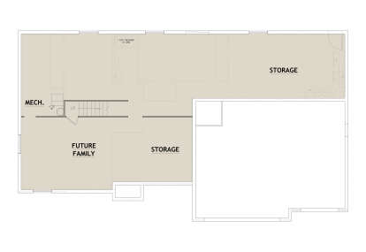 Basement floor plan drawing with 1BA, future family room, storage areas, mech. room, and stairs. House Plan # 8768-00247