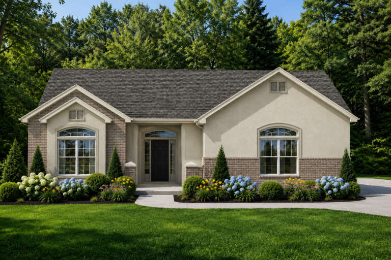 Front view of a beige house, stucco and brick siding, arched windows, dark front door, and lush landscaped garden. House Plan # 8768-00248