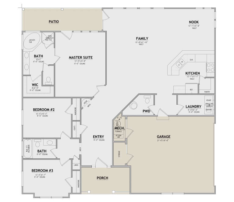 Main floor plan drawing with 3BR, 2.5BA, vaulted kitchen/family/nook, WIC, Ldry, 2-car garage, porch, and patio. House Plan # 8768-00248