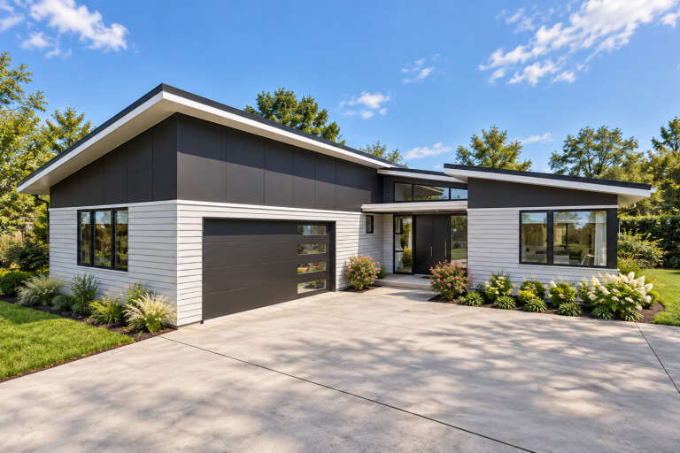 Angled front view of a grey and white Modern house, shed roof, black garage door, large windows, and landscaped entry. House Plan # 2559-01122