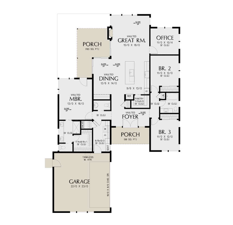 Main floor plan drawing with 3BR, 2BA, vaulted great room, dining, office, pantry, Ldry, 2-car garage, and 2 porches. House Plan # 2559-01122