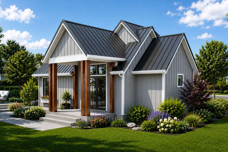 Angled front view of a grey house, black metal roof, vertical siding, wood porch columns, and lush garden landscaping. House Plan # 2559-01123