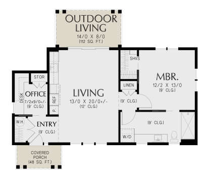 Main floor plan drawing with 1BR, 1BA, office, living room, kitchen, W/D, storage, covered porch, and outdoor living. House Plan # 2559-01123