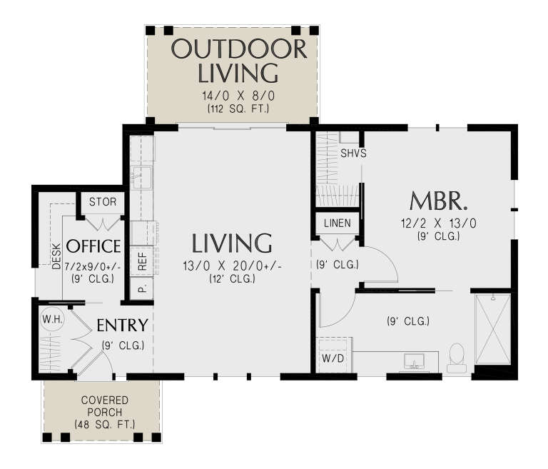 Main floor plan drawing with 1BR, 1BA, office, living room, kitchen, W/D, storage, covered porch, and outdoor living. House Plan # 2559-01123