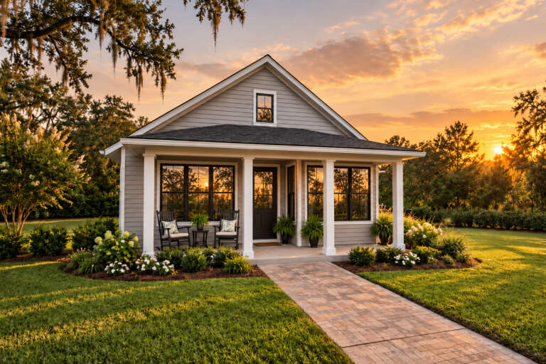 Front view of a gray house in Cottage style, covered front porch, black windows, gabled roof, and lush landscaping. House Plan # 2559-01124
