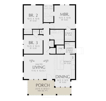 Main floor plan drawing with 3BR, 2BA, vaulted living, dining, pantry, Ldry, WIC, and front porch. House Plan # 2559-01124