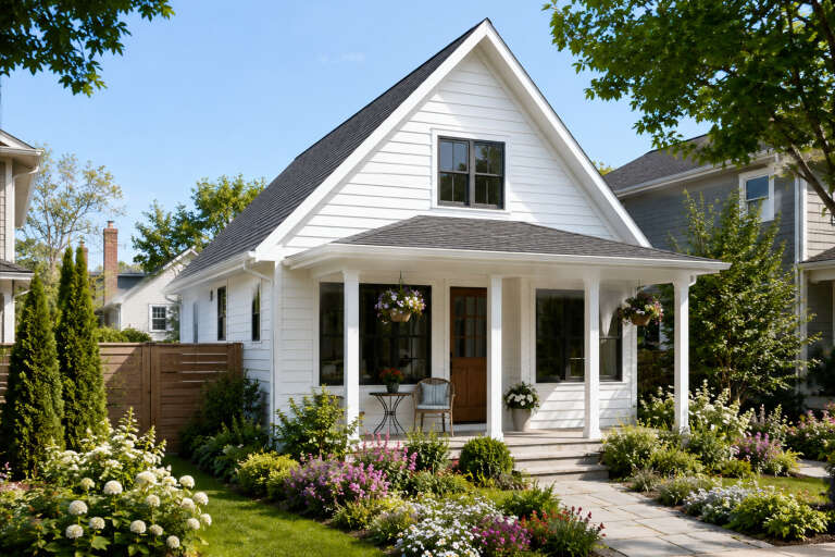 Front view of a white house, steep gabled roof, covered porch, black windows, wood front door, and lush garden landscape. House Plan # 2559-01125