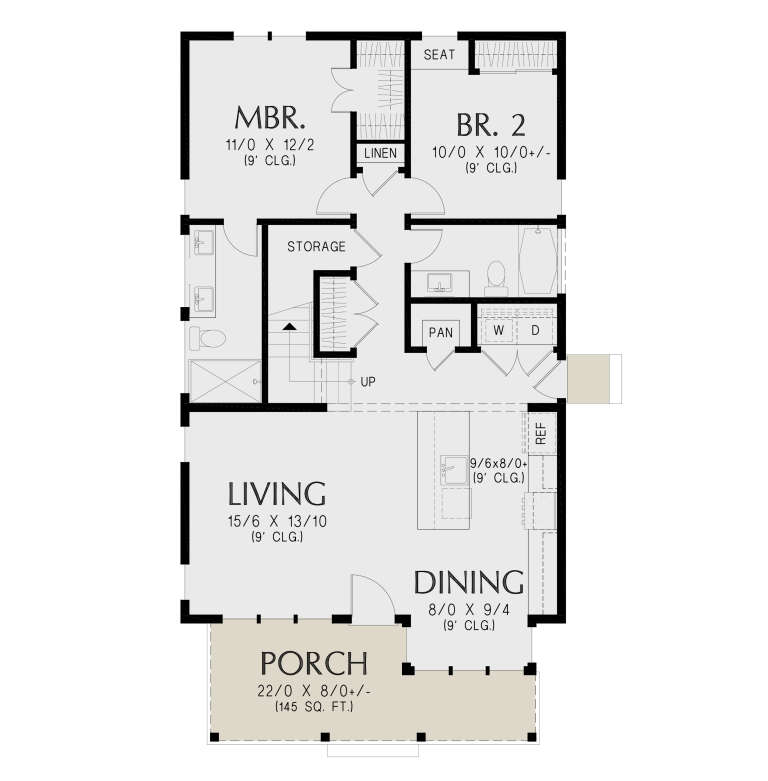 Main floor plan drawing with 2BR, 1BA, living room, dining, kitchen, pantry, Ldry, storage, stairs, and front porch. House Plan # 2559-01125