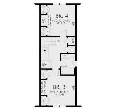 Second-floor plan drawing with 2BR, 1BA, linen closet, stairs, and built-in furnace recesses. House Plan # 2559-01125