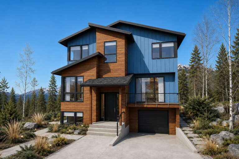 Front view of a blue and wood Modern house, metal siding, wood accents, black windows, balcony, and mountain landscape. House Plan # 2559-01126
