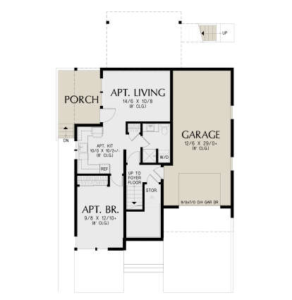 First-floor plan drawing with 1BR apartment, 1BA, kitchen, living area, storage, stairs, and 1-car garage with 8' ceilings. House Plan # 2559-01126