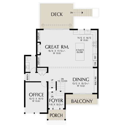 Main floor plan drawing with great room, kitchen, 9' ceiling, and deck with stairs. House Plan # 2559-01126