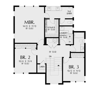 Upper-floor plan drawing with 3BR, 2BA, MBR suite with WIC, Ldry, stairs, and 9' ceilings throughout. House Plan # 2559-01126