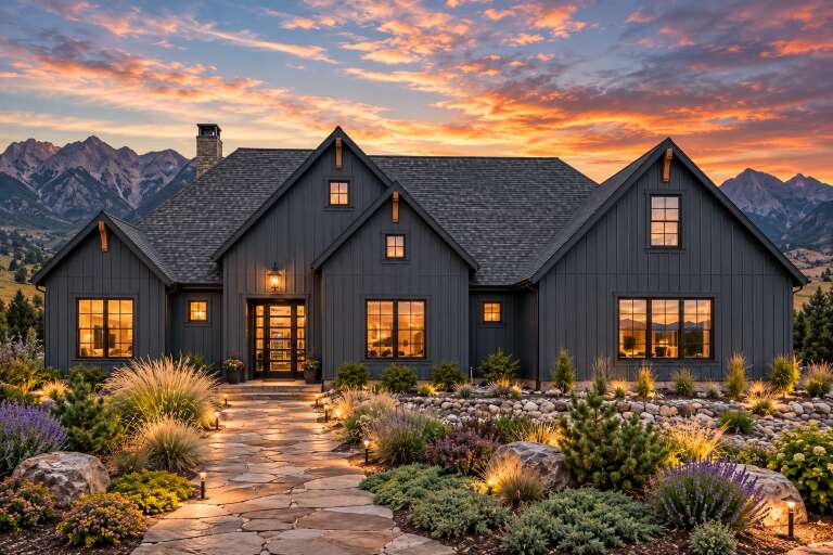 Front view of a dark gray house in Modern Farmhouse style, board-and-batten siding, stone path, and mountain backdrop. House Plan # 7983-00215