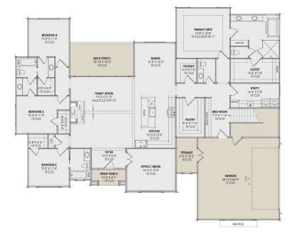 Main floor plan drawing with 4BR, 3.5BA, family room, kitchen, office, pantry, mudroom, 2-car garage, porch, and fireplace. House Plan # 7983-00215