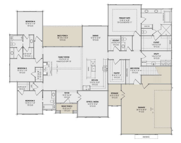 Main floor plan drawing with 4BR, 3.5BA, family room, kitchen, office, pantry, mudroom, 2-car garage, porch, and fireplace. House Plan # 7983-00215