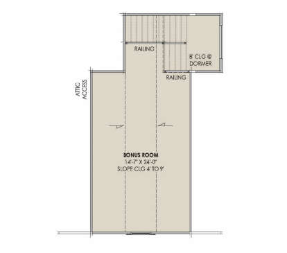 Upper-floor plan drawing with bonus room, stairs, attic access, railing, and sloped ceilings. House Plan # 7983-00215