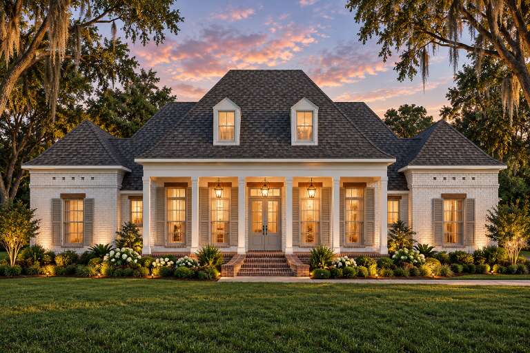 Front view of a white Southern house, brick siding, dormers, covered porch, tall windows, and lush landscape lighting. House Plan # 4534-00167