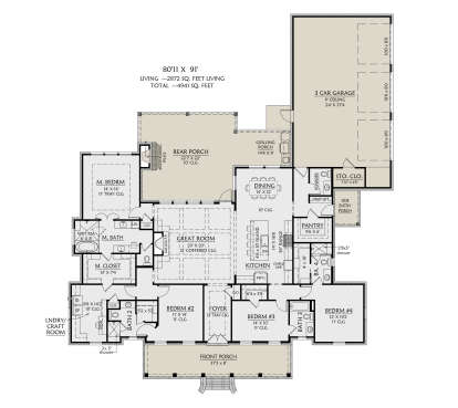 Main floor plan drawing with 4BR, 4.5BA, great room, kitchen, dining, ldry/craft room, 3-car garage, porches, fireplaces. House Plan # 4534-00167