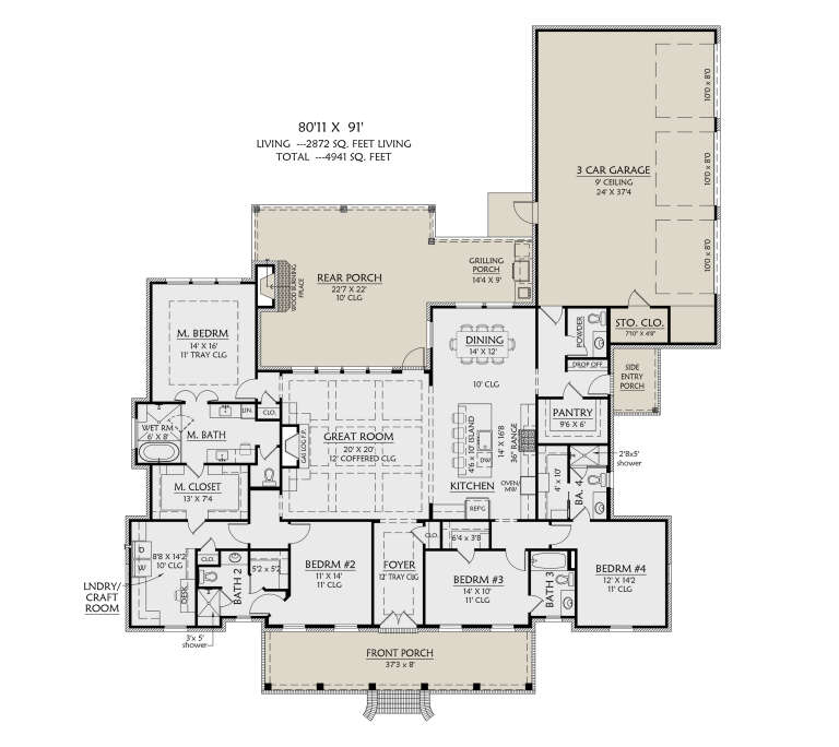 Main floor plan drawing with 4BR, 4.5BA, great room, kitchen, dining, ldry/craft room, 3-car garage, porches, fireplaces. House Plan # 4534-00167