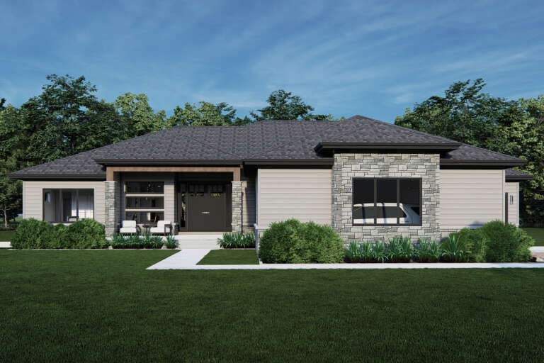 Front view of a gray house, stone accents, horizontal siding, dark roof, covered entry, and manicured landscaping. House Plan # 7140-00039