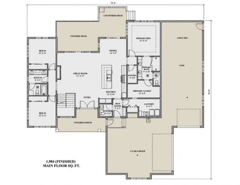 Main floor plan drawing with 3BR, 2.5BA, great room, kitchen, gym, golf sim, 4-car garage, covered porch, and decks. House Plan # 7140-00039