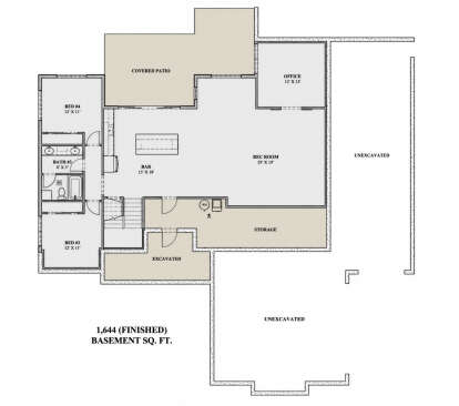 Basement floor plan drawing with 2BR, 1BA, rec room, bar, office, stairs, covered patio, storage, and unexcavated areas. House Plan # 7140-00039