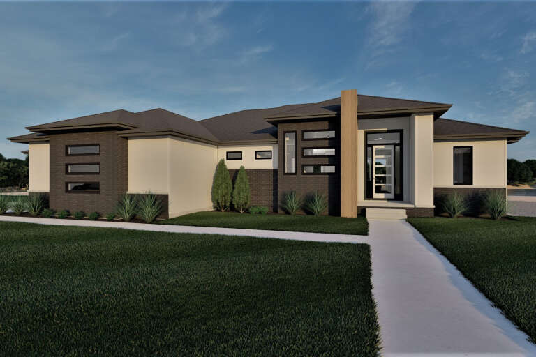 Front view of a gray and white house in Modern style, brick siding, wood accent pillar, and horizontal windows. House Plan # 7140-00040